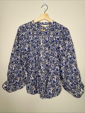 Mauve Blue and White Floral Button-Down Blouse